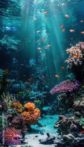 Fototapeta Naklejka Na Ścianę i Meble -  Vibrant coral reef with colorful fish and sea creatures, illuminated by sunbeams, creating a magical underwater scene. Generative AI