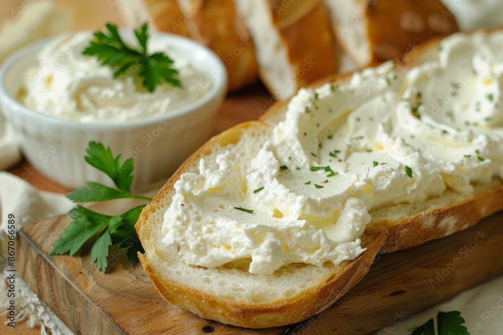 Freshly baked bread topped with a generous spread of creamy cheese and garnished with parsley Freshly baked bread topped with a generous spread of creamy cheese and garnished with parsley