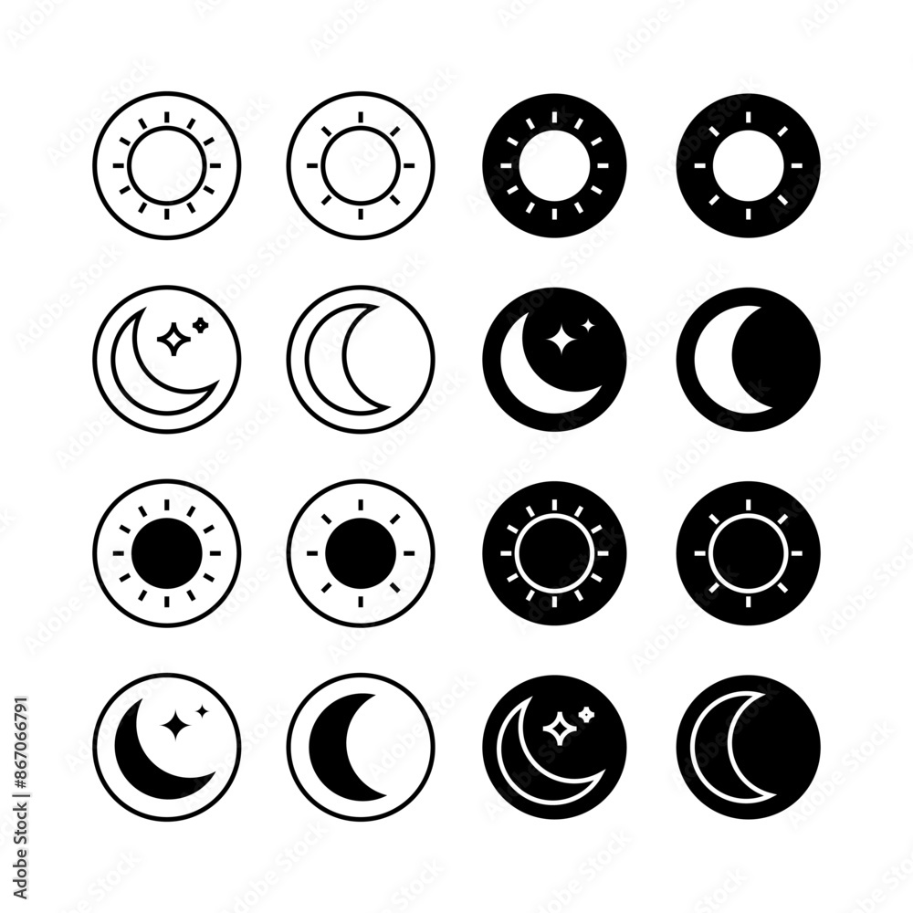 Set of Light and Dark mode button Icons. Modern Design for Applications, Web and UI. Set of Light and Dark mode button Icons. Modern Design for Applications, Web and UI.