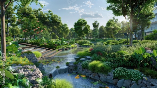 A scenic urban green space with integrated water management systems and lush vegetation.