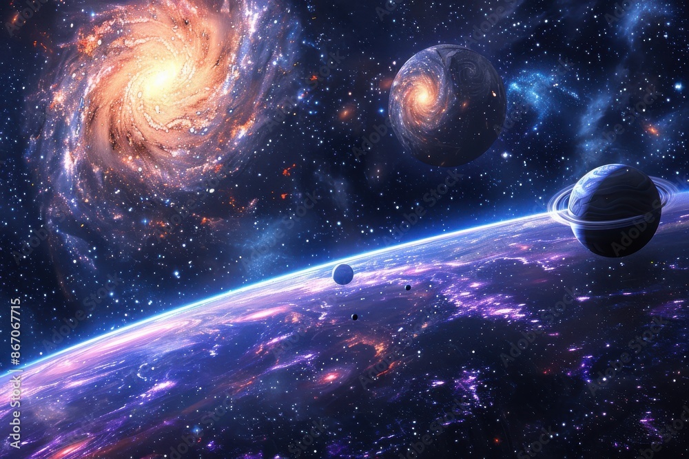 Spectacular view of planets, stars, and galaxies. Colorful nebula in outer space. Concept of astronomy, space travel, and the universe.