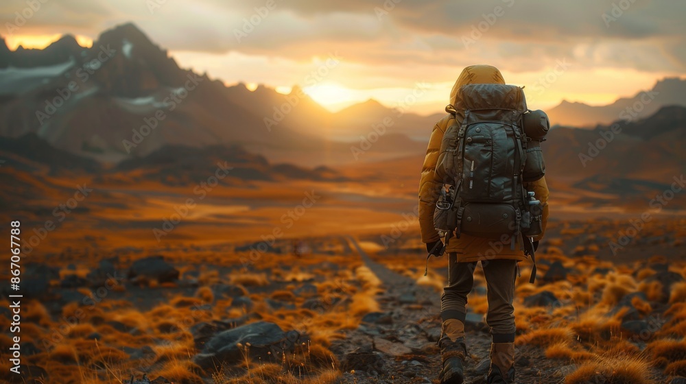 Backpacker Watching Sunset Over Mountains - Generative AI Backpacker Watching Sunset Over Mountains - Generative AI