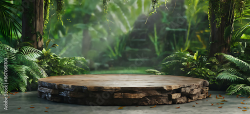  Background podium jungle product platform 3D green wood display pedestal. Background podium jungle tree nature leaf tropical cosmetic summer forest plant garden stage water presentation stone table. 