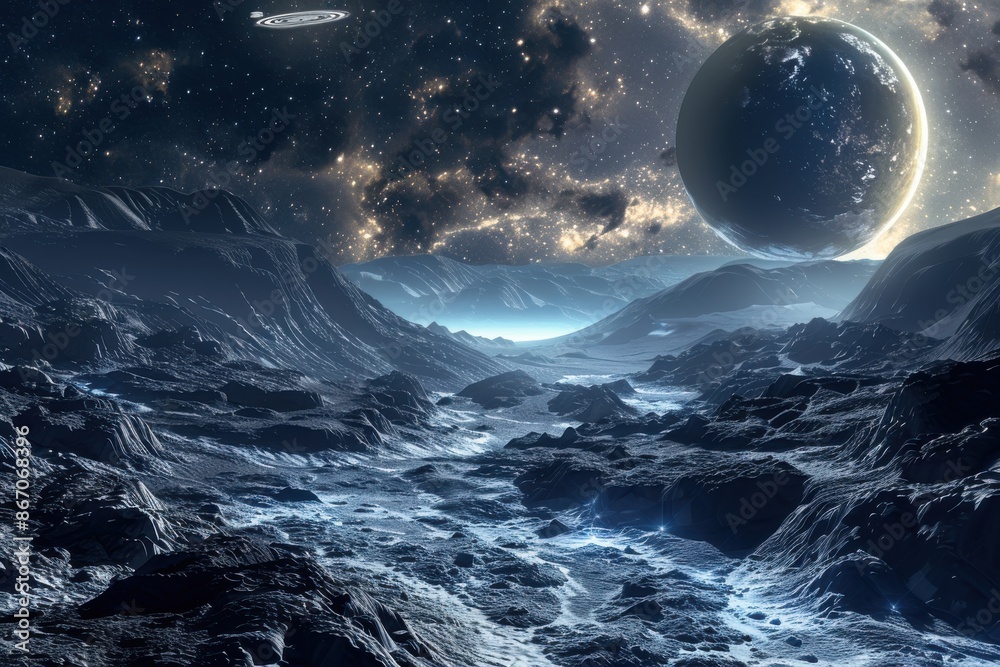 Fototapeta premium Alien Planet Landscape with Spaceships and Galaxies. Breathtaking Sci-Fi Scene