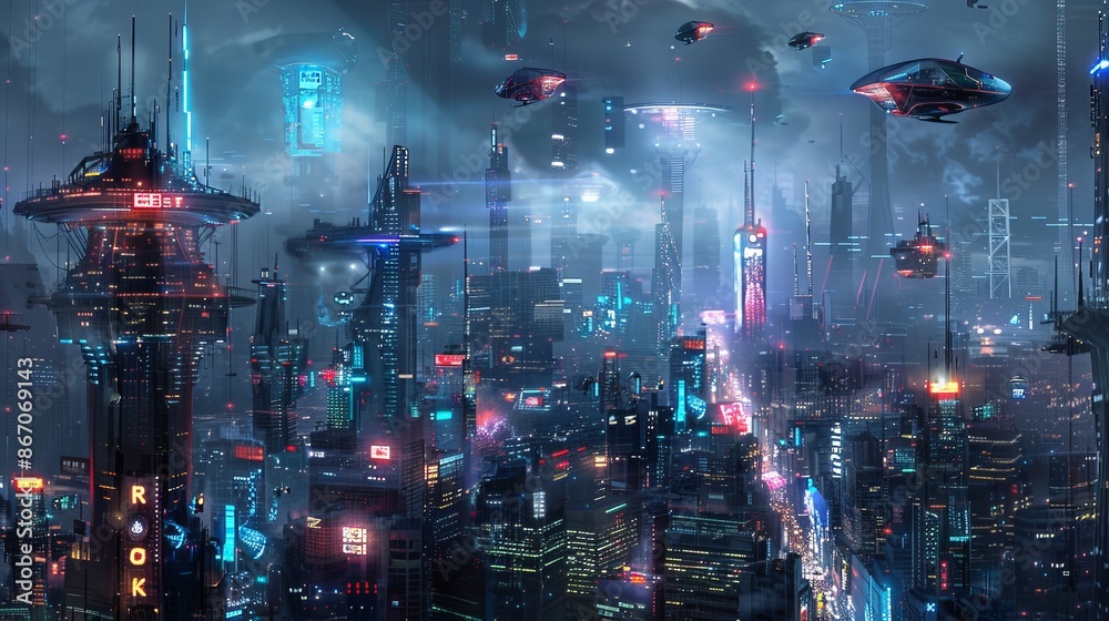 Fototapeta premium Futuristic cityscape at night with neon lights and flying vehicles