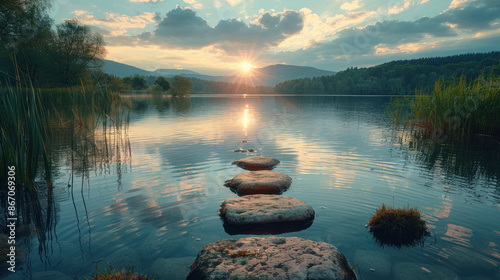 Tranquil sunset over a calm lake with stepping stones leading towards the horizon. Concept of peace, serenity, and finding your path in life.