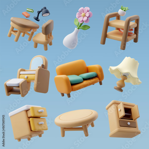 3d collection icon set of Wooden furniture, Home and decoration concept