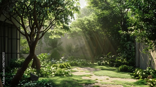 Natural light shining through trees in a minimalist garden