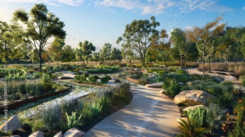 A scenic urban park with water conservation features and native plantings.