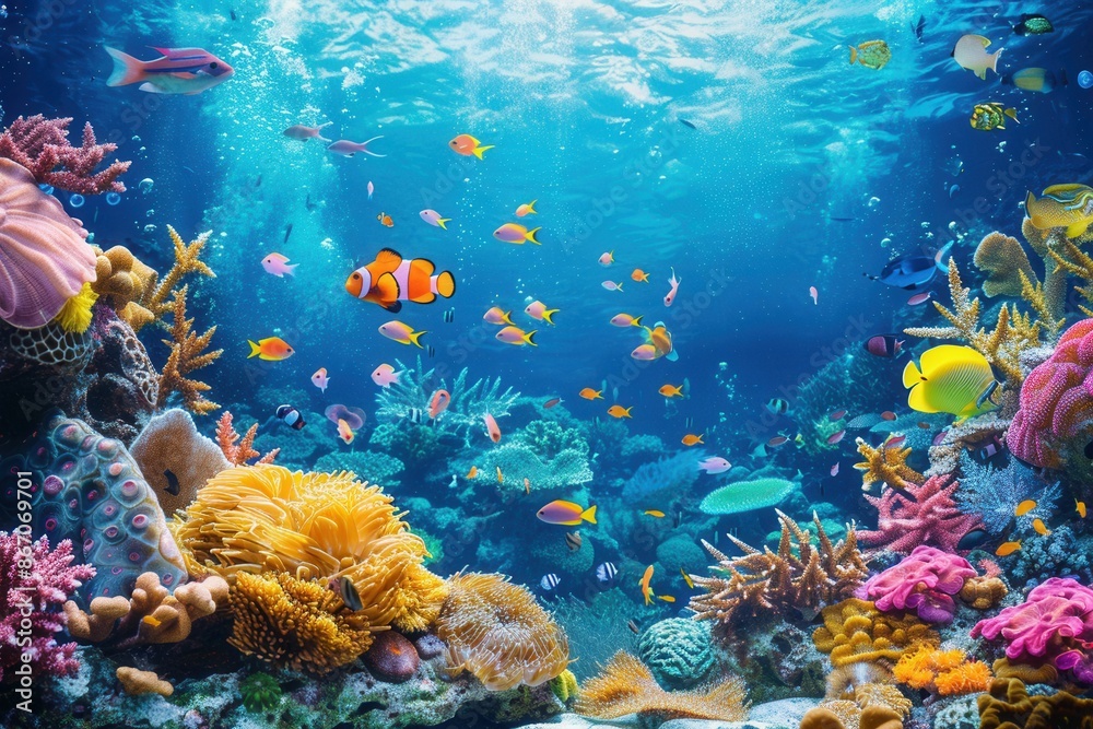 Naklejka premium A colorful underwater scene featuring vibrant coral reefs, tropical fish, and sea creatures. Perfect for diving centers and marine aquariums. Generative AI