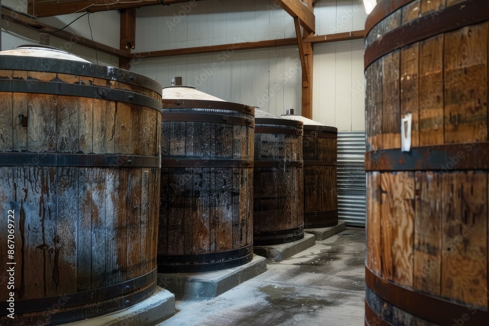 Interior of a winery cellar showing large wooden barrels fermenting wine Interior of a winery cellar showing large wooden barrels fermenting wine