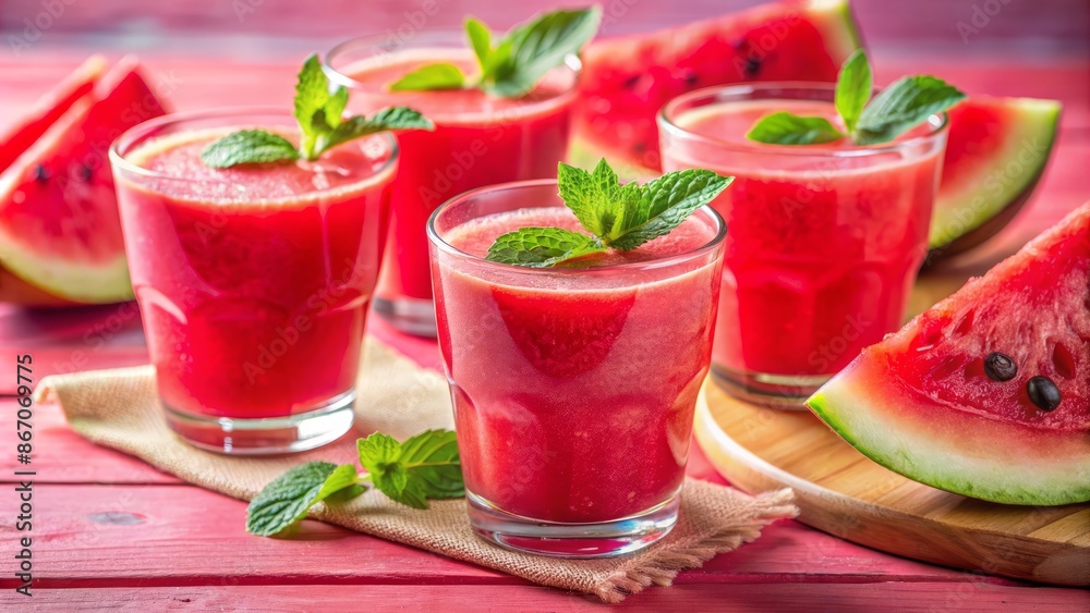 Vibrant pink background showcases refreshing summer drink of fresh watermelon juice or smoothie in glasses with watermelon pieces garnish. Vibrant pink background showcases refreshing summer drink of fresh watermelon juice or smoothie in glasses with watermelon pieces garnish.