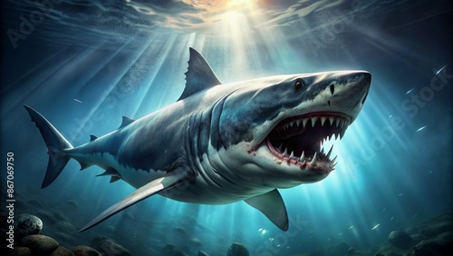 Massive ancient predator Megalodon shark looms in the dark mysterious abyss, its gargantuan jaws wide open, ready to strike.