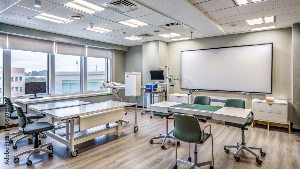 Empty seminar room with whiteboard, projector, and medical equipment, awaiting a young doctor's educational presentation on healthcare topics. Empty seminar room with whiteboard, projector, and medical equipment, awaiting a young doctor's educational presentation on healthcare topics.
