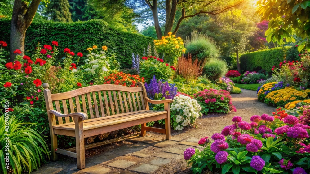 Serene ambiance of lush greenery and vibrant flowers surrounds a tranquil bench, evoking feelings of peaceful retirement days. Serene ambiance of lush greenery and vibrant flowers surrounds a tranquil bench, evoking feelings of peaceful retirement days.