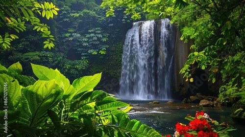 Fototapeta Naklejka Na Ścianę i Meble -  A scenic view of a waterfall in a dense forest, with bright green leaves and flowers in full bloom