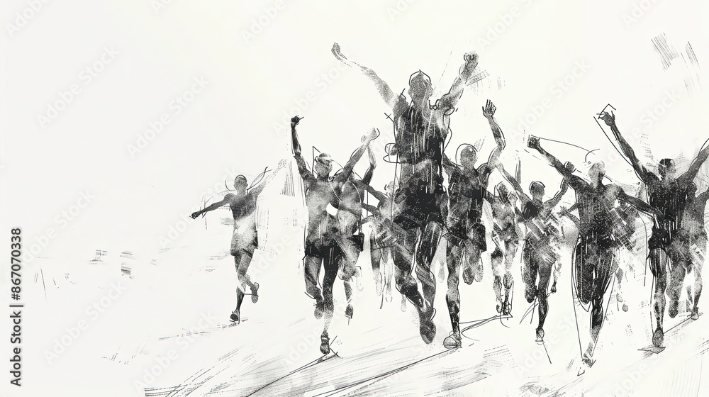 Obraz premium Paris Olympics Concept Athletes Sports Players Cheering Celebrating Crossing the Finish Line Background Template for Presentation Slides 16:9