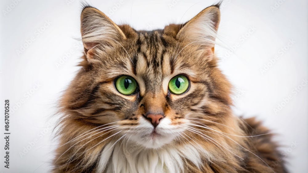 Fototapeta premium Adorable whiskered feline friend with bright green eyes and soft fur posed cutely against a clean white plain background.