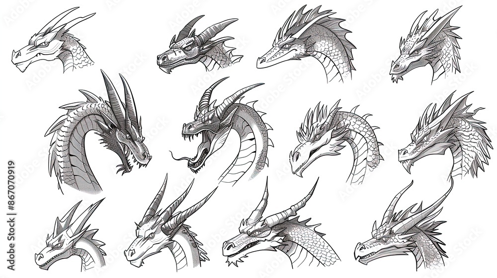 Fototapeta premium Collection of various dragon head illustrations in black and white. Detailed fantasy dragon sketches. Mythical creature concept for design and print. Flat lay composition on a white background.