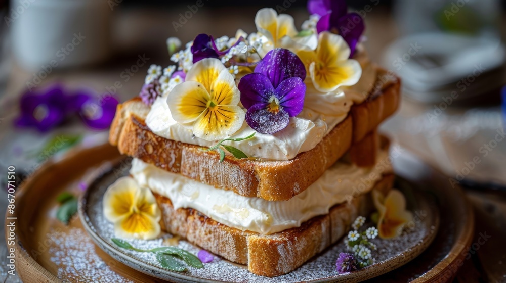 A stack of toast slathered in whipped butter and adorned with delicate edible flowers. A stack of toast slathered in whipped butter and adorned with delicate edible flowers.