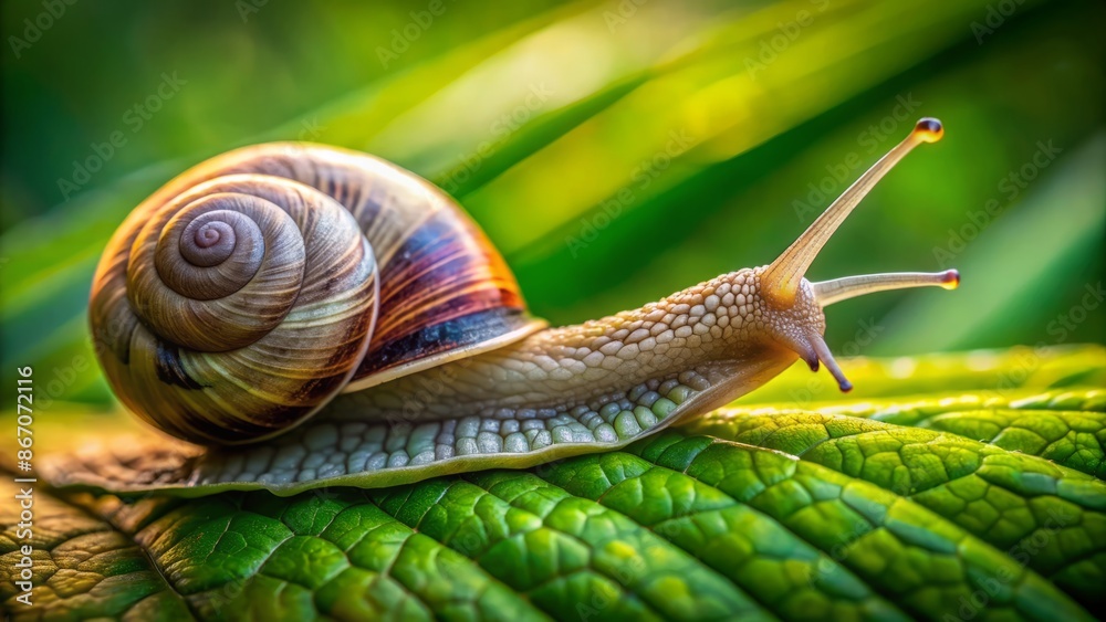 A serene and isolated close-up of a sluggish snail slowly making its way along the edge of a vibrant green leaf. A serene and isolated close-up of a sluggish snail slowly making its way along the edge of a vibrant green leaf.