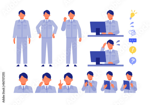 Working man. Concept for Problem Solving. Man cartoon character head collection set. People face profiles avatars and icons. Close up image of Problem Solving man.