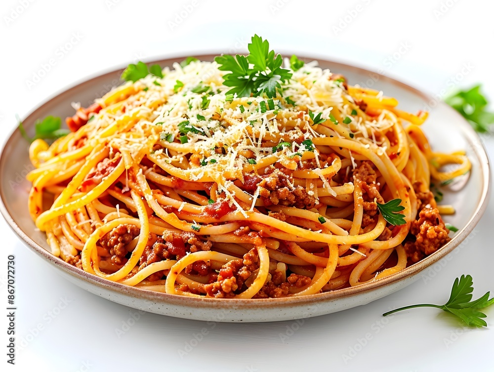 Spaghetti Bolognese with Grated Cheese and Parsley on White Background Spaghetti Bolognese with Grated Cheese and Parsley on White Background