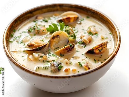 Creamy Clam Chowder with Fresh Herbs in a Bowl on White Background