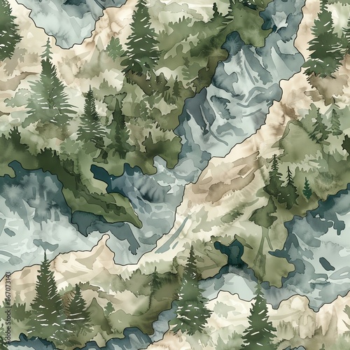 Abstract watercolor mountain landscape with green trees, blue and brown tones, seamless pattern.
