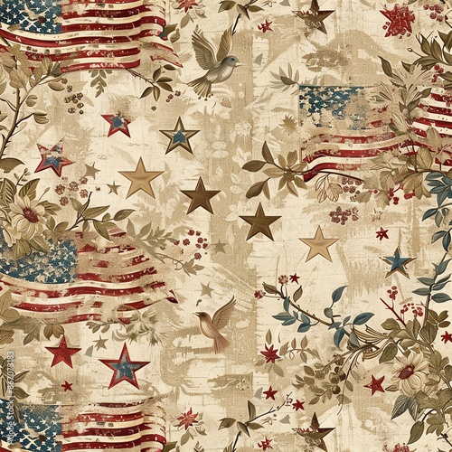 Patriotic seamless pattern with distressed American flags, stars, and birds on a beige background.  Perfect for 4th of July crafts or home decor.
