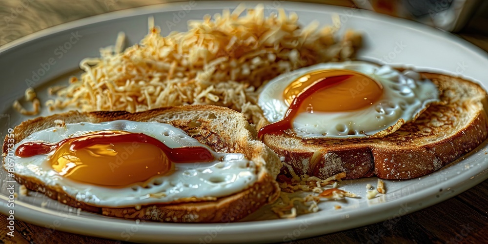 breakfast. Two eggs, shredded hash browns, and toast. Ketchup on hash browns. breakfast. Two eggs, shredded hash browns, and toast. Ketchup on hash browns.