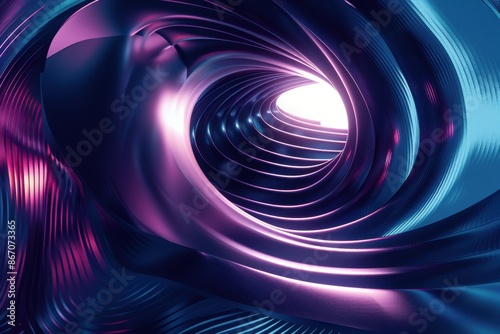 Fototapeta Naklejka Na Ścianę i Meble -  Abstract 3D render of a swirling, metallic tunnel with purple, blue, and pink neon lights. Concept of technology, speed, energy, and the future.