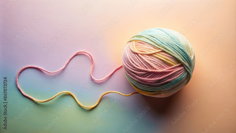 Cozy ball of yarn unwinds into continuous art line forming a round skein on a soft, pastel-colored background. Cozy ball of yarn unwinds into continuous art line forming a round skein on a soft, pastel-colored background.