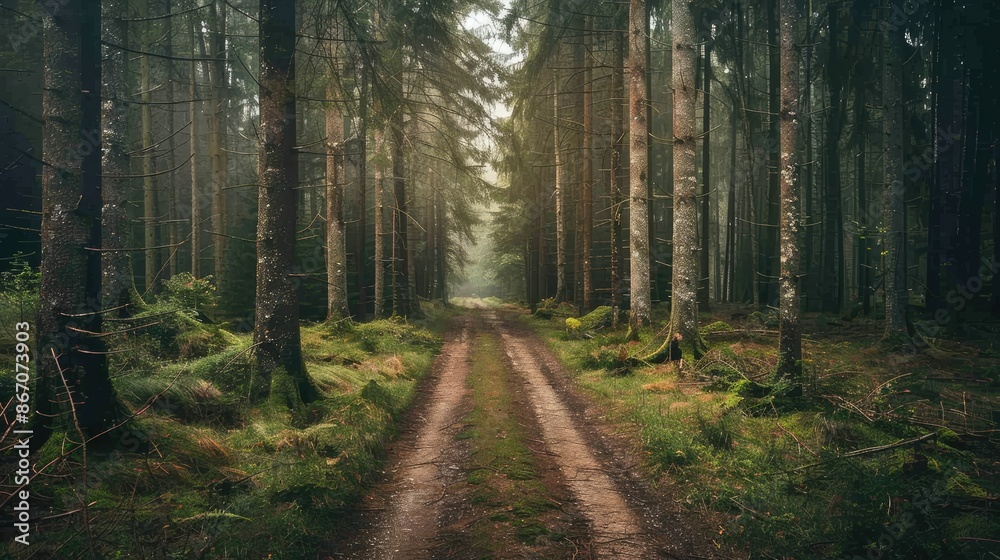 Fototapeta premium A narrow forest road disappearing into the dense trees ahead