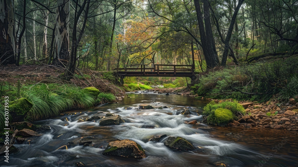 Obraz premium A narrow stream flowing through a forest with a wooden bridge in the distance