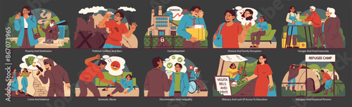 Social issues set. Flat vector illustration.