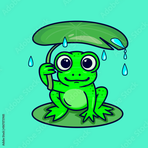 vector illustration of a frog taking shelter using a lotus leaves, cartoon style design