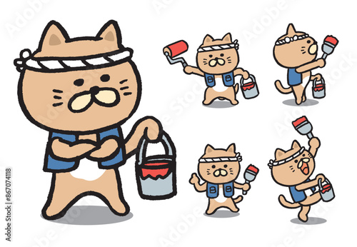 きっちり仕事をしそうなペンキ職人のかわいい茶猫のキャライラスト