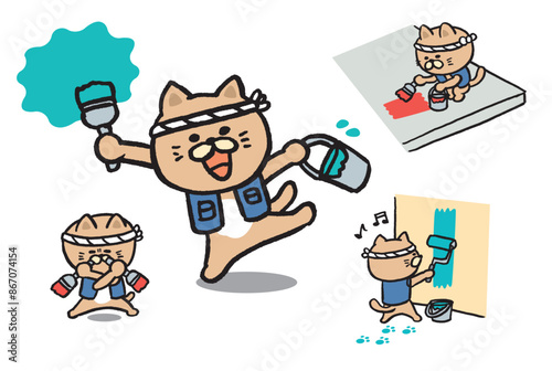 きっちり仕事をしそうなペンキ職人のかわいい茶猫のキャライラスト