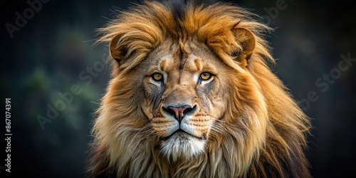 Close up of a majestic lion with a fierce expression, Lion, close-up, animal, wild, predator, mane, beast, wildlife © Sujid