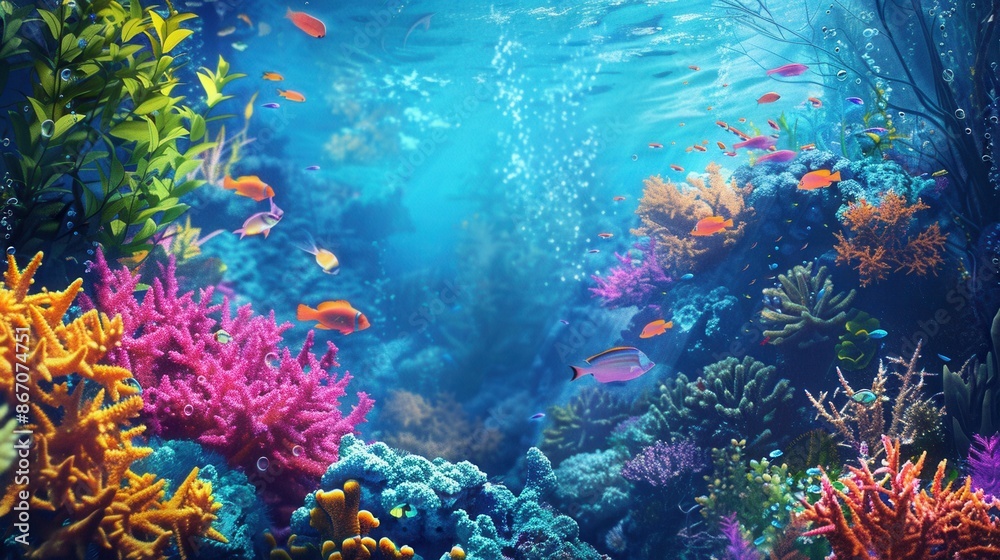 Naklejka premium A colorful underwater scene showcasing vibrant coral reefs, exotic fish, and other sea creatures. Perfect for diving centers and marine aquariums. Generative AI