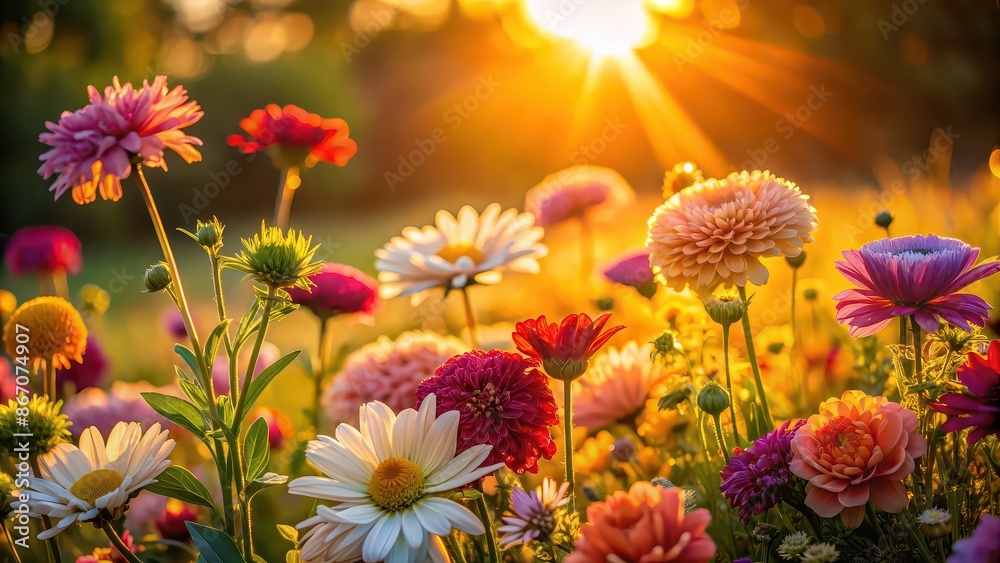 Various flowers bathed in the light of the setting sun, sunset, sun rays, glowing, blossoms, vibrant, colorful, nature Various flowers bathed in the light of the setting sun, sunset, sun rays, glowing, blossoms, vibrant, colorful, nature