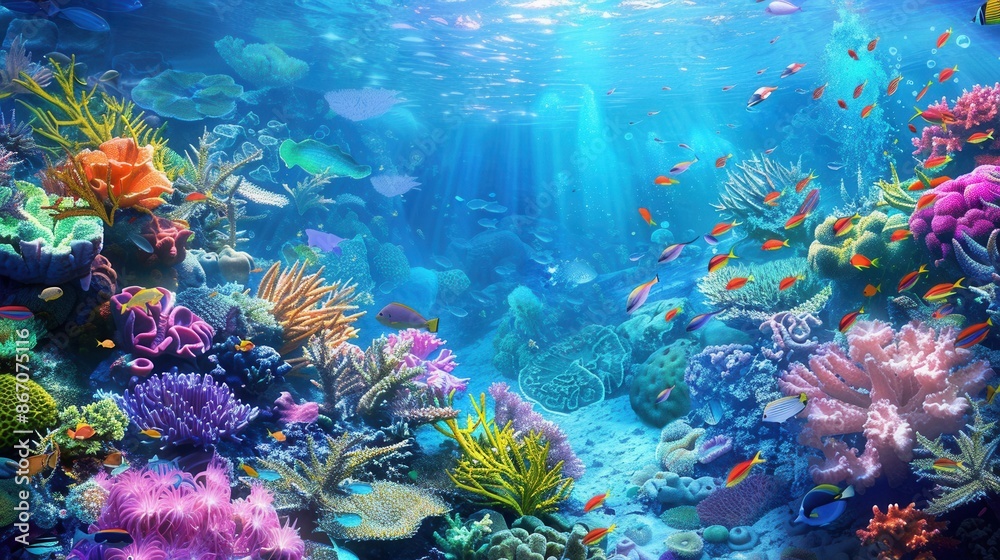 Fototapeta premium A colorful underwater scene showcasing diverse coral reefs and exotic fish swimming in a sunlit ocean. Generative AI