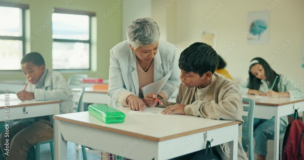 Exam, teacher and students in classroom for group, test and knowledge in elementary school. Education, childhood development or desk for assessment, question and learning for young people in academy Exam, teacher and students in classroom for group, test and knowledge in elementary school. Education, childhood development or desk for assessment, question and learning for young people in academy