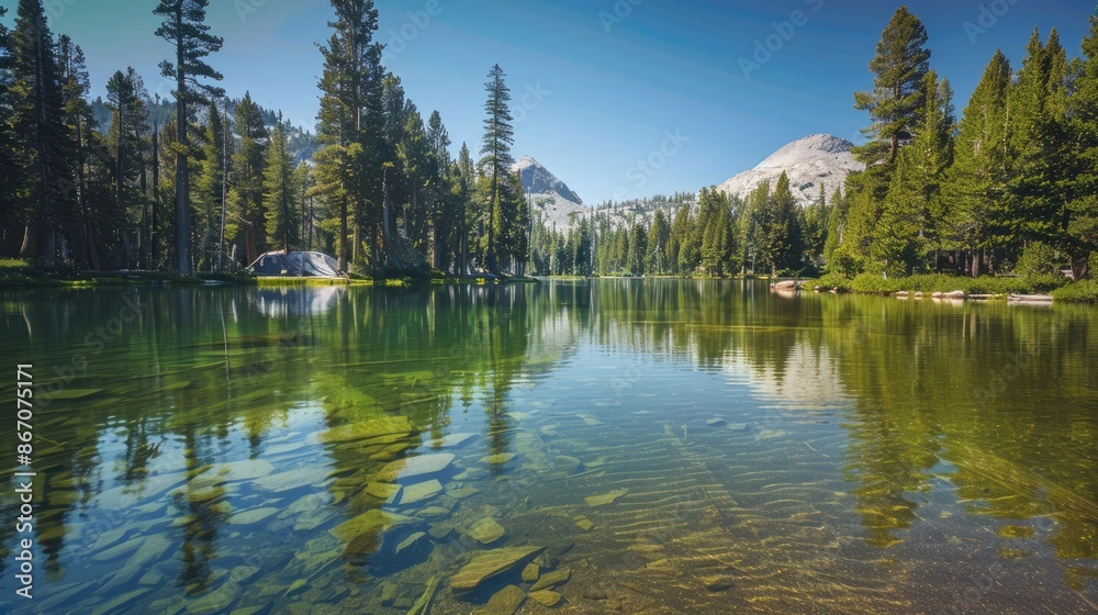 A serene campsite on the edge of a clear, reflective lake surrounded by towering pine trees and a distant mountain range. A serene campsite on the edge of a clear, reflective lake surrounded by towering pine trees and a distant mountain range.