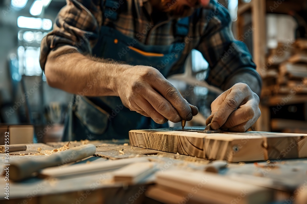 Skilled Carpenter Marking Wood with Precision in Workshop Skilled Carpenter Marking Wood with Precision in Workshop
