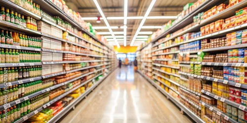 Blurred background of a supermarket aisle interior , grocery, shopping, retail, food, shelves, products, convenience