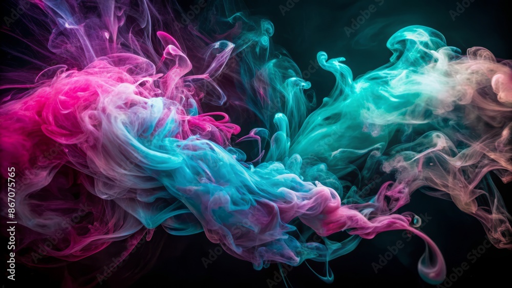 Vibrant wispy tendrils of turquoise and magenta smoke dance against a mysterious dark background, radiating energy and dramatic flair. Vibrant wispy tendrils of turquoise and magenta smoke dance against a mysterious dark background, radiating energy and dramatic flair.