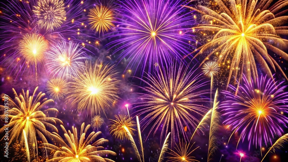Vibrant festive fireworks explode in a dynamic vertical loop of violet, purple, and gold hues, perfect for celebratory backgrounds. Vibrant festive fireworks explode in a dynamic vertical loop of violet, purple, and gold hues, perfect for celebratory backgrounds.
