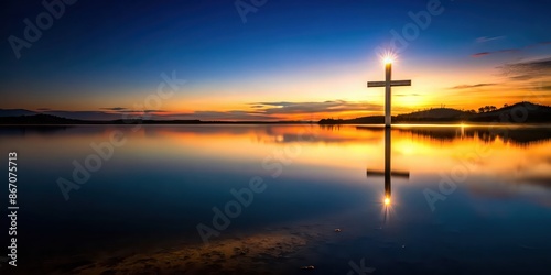 Reflection of cross in water and landscape at night , night, reflection, cross, water, landscape, Christianity, spirituality
